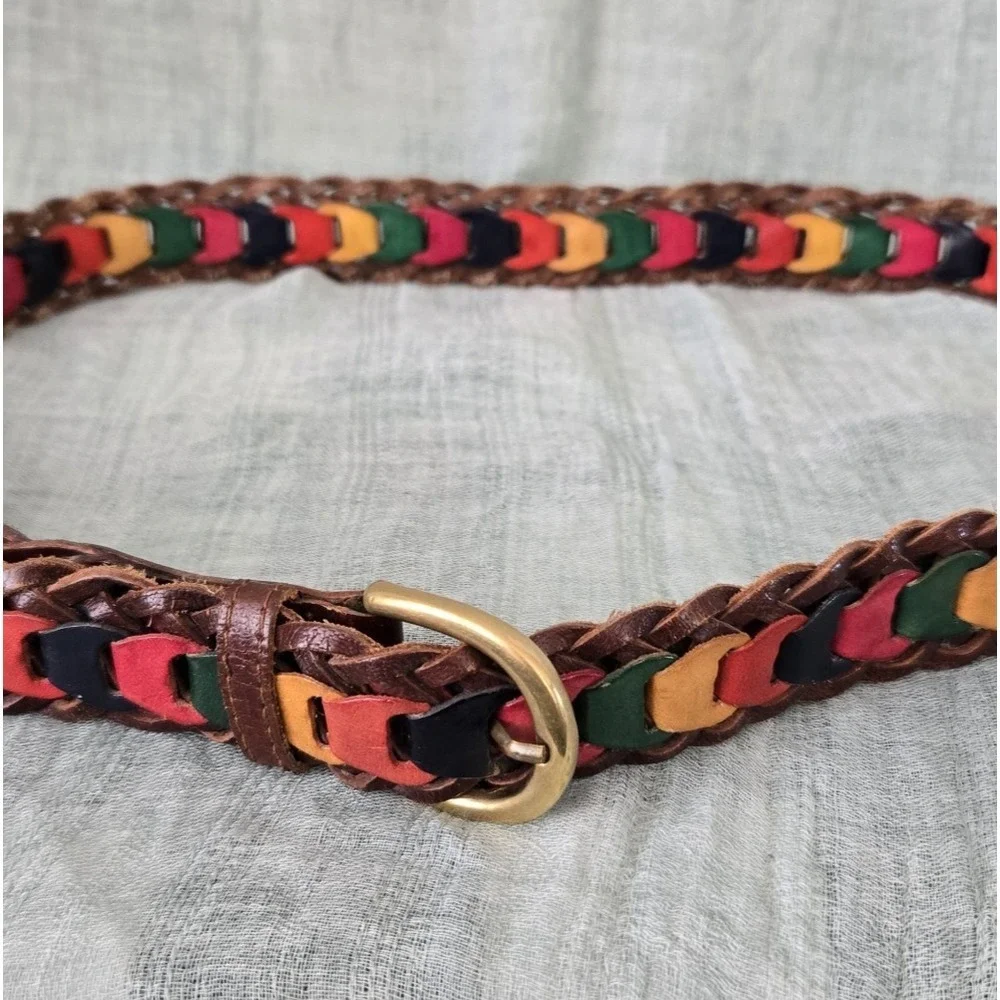 Unique Braided Colorful Men's  Women's Leather Belt with Brass Buckle Size 36